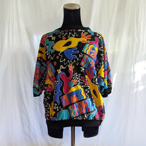 Tops - Funky 80s/90s Slouchy Stretchy Shirt Carnival Bright Colors Size L